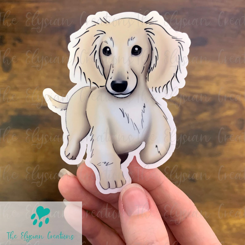 May include: A sticker of a cartoon dachshund dog with brown eyes, a black nose, and a light brown and white coat. The dog is standing on all four paws and looking directly at the viewer.