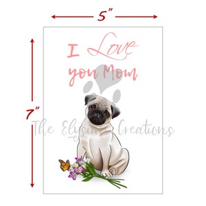 K&ouml;nnte beinhalten: Eine wei&szlig;e Karte mit einem Mops-Welpen, der mit einem Blumenstrau&szlig; und einem Schmetterling sitzt. Die Karte lautet "Ich liebe dich Mama" in rosa Schrift.