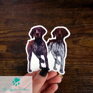 May include: Two German Shorthaired Pointer dog stickers. The stickers are white with a brown and white illustration of the dogs. The dogs are standing and facing forward. The stickers are on a wooden background.