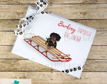 Long Hair Dachshund Sled Christmas Card Set, Hand Made Christmas Card, Snow Card, Holiday Card, Funny Christmas Card