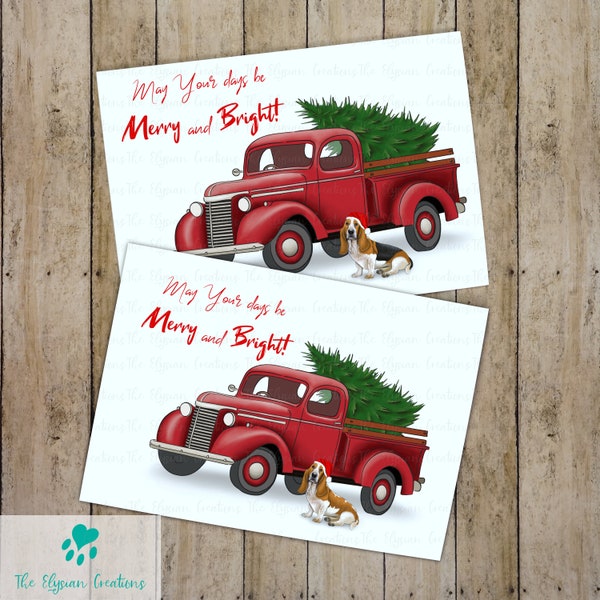 Farmhouse Basset Hound Christmas Card, Hand Made, Rustic Holiday Card, Snow Card, Countryside Card, Classic Vintage Red Truck, Lemon Basset