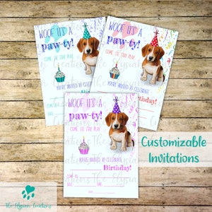 Invitations de fête d'anniversaire pour enfants Beagle Puppy - personnalisées ou à remplir dans le style vierge, invitations de fête personnalisées