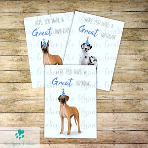 Carte d'anniversaire personnalisée dogue allemand, carte pour amoureux des chiens, carte à message personnalisée, oreilles coupées, faon, dogue allemand arlequin