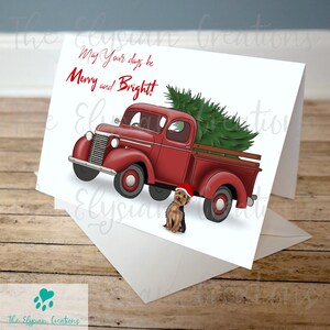Tarjeta de Navidad de Yorkshire Terrier de granja, tarjeta de vacaciones rústica, tarjeta de nieve, tarjeta de campo, camión rojo vintage clásico, tarjeta Yorkie