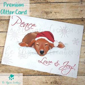 Sleeping Puppy Christmas Card, Peace Love and Joy, Merry Christmas, Glitter Card, Happy Hollidays, Dachshund, Golden Revriever