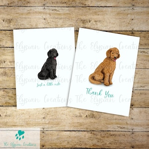 May include: Two white greeting cards with dog illustrations. One card features a black dog with the text "Just a little note." The other card has a brown dog with the text "Thank You." Both cards have a logo.