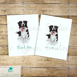 May include: Two greeting cards featuring a black and white border collie dog with its tongue sticking out. The card on the left says "Thank You" and the card on the right says "Just a little note".