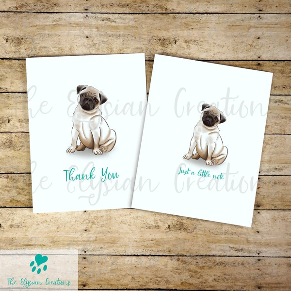 8 Pug Note Card Set, Thank you card Set, Blank Card Set, Dog Thank you cards, Cute Graduation Thank you Cards