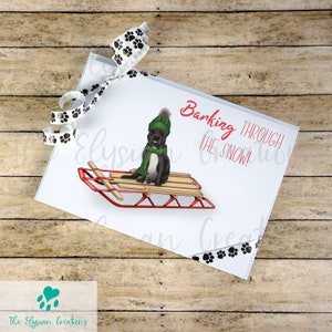 Français Bulldog Sled Christmas Card Set, Carte de Noël faite à la main, Carte de neige, Carte de Vacances, Carte de Noël amusante