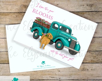 Custom Flower Truck Golden Retriever birthday Card, Birthday Card, Vintage Teal Truck, Flower Truck Birthday Card, Personalized Card Message