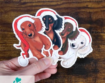 Dachshund Longhair Christmas Sticker, Water Proof Sticker, Weenie Dog Sticker, Brown, Black and Tan, Cream Dachshund