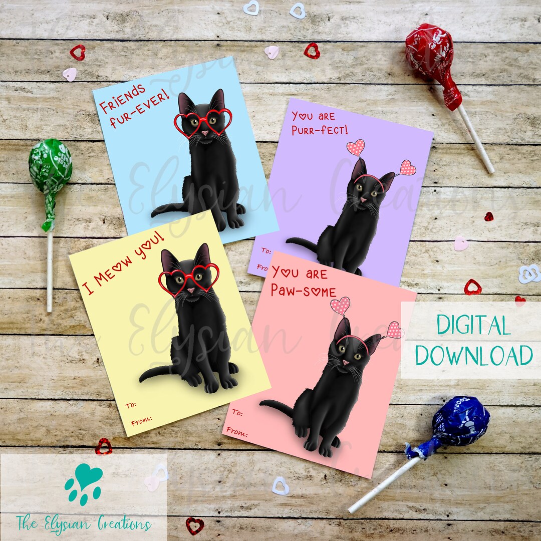 Black Cat Kids Valentines, Instant Download, Cat Valentine