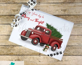 Farmhouse Beagle Christmas Card Set, Hand Made Rustic Holiday Card Pack, Snow Card, Countryside Card, Classic Vintage Red Truck