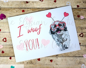 Gray Shih Tuz Valentine's Day Card, Blue Merle Australian Shepherd Valentine's Day Card, Dog Valentine's Day Card, I Woof You