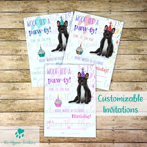 Invitations de fête d'anniversaire pour enfants bouledogue français - personnalisées ou à remplir dans le style vierge, invitations de fête personnalisées