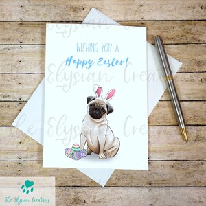Carte de Joyeuses Pâques, carte de Pâques Carlin, carte de Pâques chien, carte de Pâques religieux, mignon carte de Joyeuses Pâques, carte de Carlin fauve