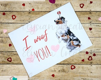 Aussie Valentine's Day Card, Blue Merle Australian Shepherd Valentine's Day Card, Dog Valentine's Day Card, I Woof You