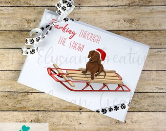 Short Hair Dachshund Sled Christmas Card Set, Hand Made Christmas Card, Snow Card, Holiday Card, Funny Christmas Card