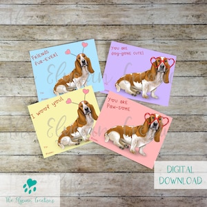 May include: Four printable Valentine's Day cards featuring a cartoon basset hound wearing heart-shaped glasses and a headband. The cards have different messages: "Friends Fur-Ever!", "I woof you!", "You are dog-gone cute!" and "You are Paw-some!"