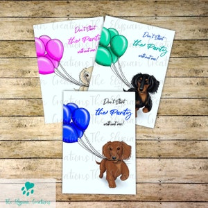 Carte d'anniversaire personnalisée Teckel poil long avec ballons, chien de saucisse, chien saucisse, doxie, weenie, ensemble de cartes d'anniversaire, carte personnalisée