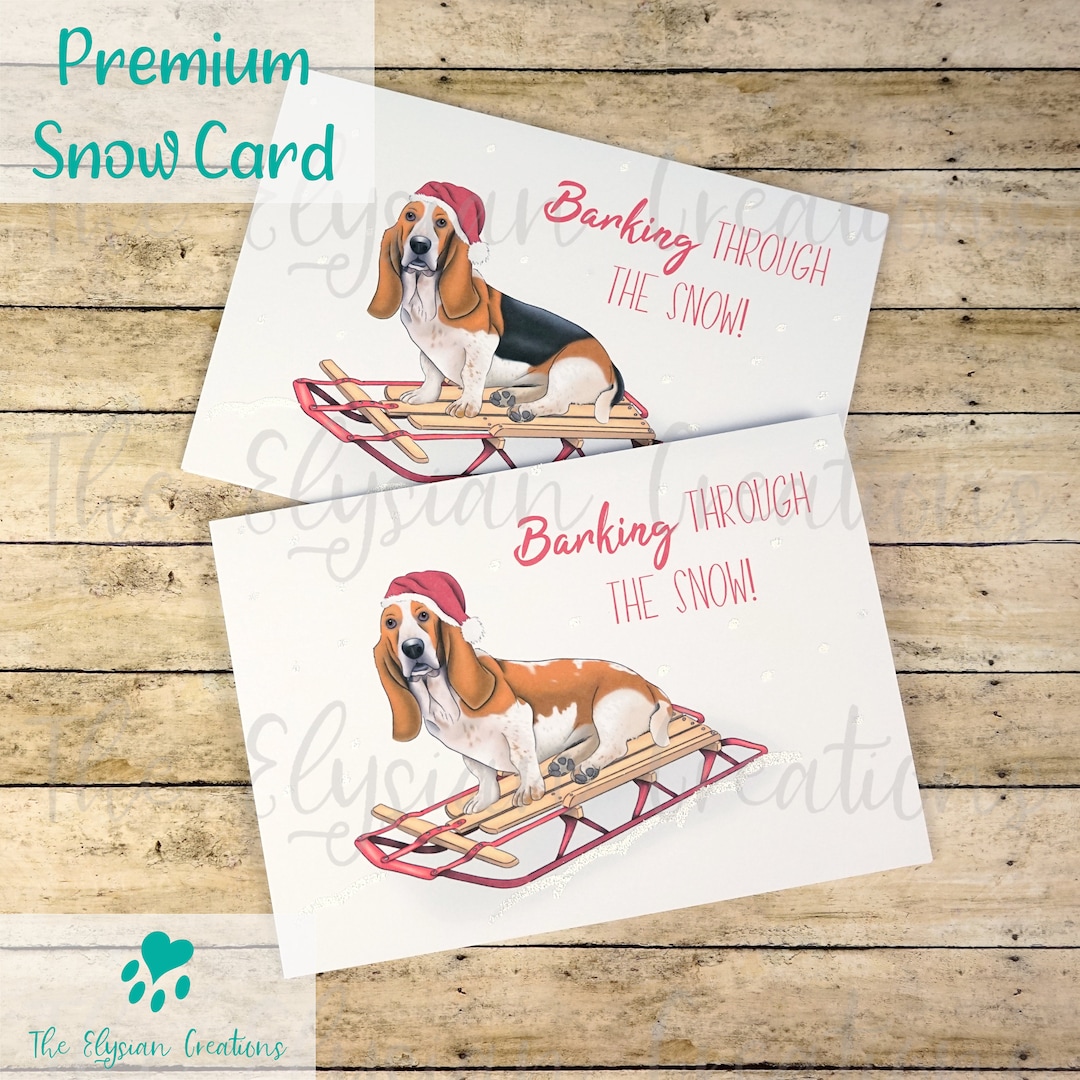 Basset Hound Sled Christmas Card, Hand Made Christmas Card, Snow Card