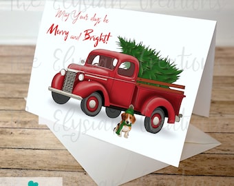 Farmhouse Beagle Christmas Card, Hand Made Rustic Holiday Card, Snow Card, Countryside Card, Classic Vintage Red Truck