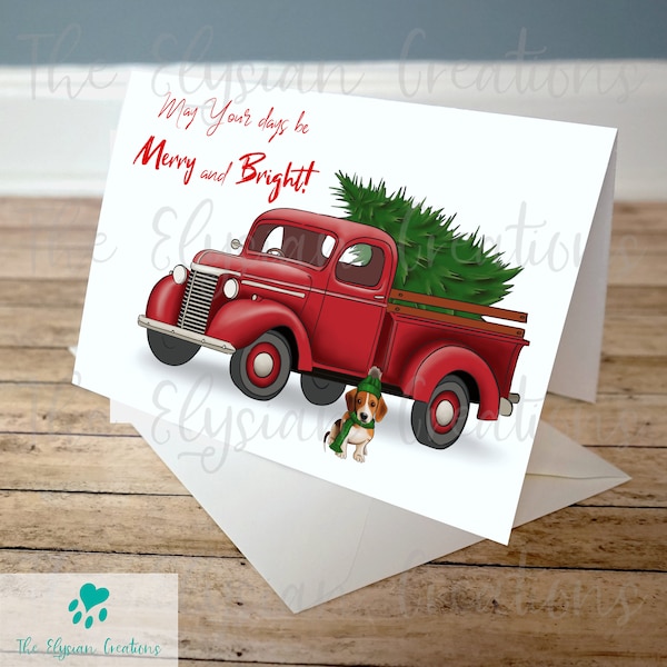 Farmhouse Beagle Christmas Card, Hand Made Rustic Holiday Card, Snow Card, Countryside Card, Classic Vintage Red Truck