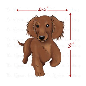 May include: A digital illustration of a brown dachshund dog standing on all four paws. The dog is looking directly at the viewer. The dog is 3 inches tall and 24/8 inches wide.