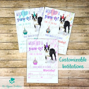Invitations de fête d'anniversaire pour enfants Boston Terrier - personnalisées ou remplies dans le style vierge, invitations de fête personnalisées