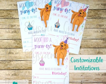 Golden Retriever Kids Party Invitations Set of 10 or 20, Party Invites, Dog Birthday Party Themed Cards, Birthday Invitations