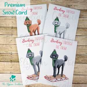 Carte de Noël de traîneau à chien caniche, Carte de Noël faite à la main, Carte de neige, Carte de Vacances, Carte de Noël amusante