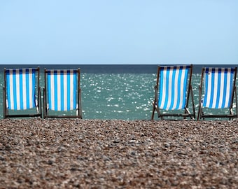 Deck Chairs Brighton Beach  - High Quality Deck Chair Print - Brighton- East Sussex - Fine Art Giclee Print - Seaside - Stripy Deck Chairs