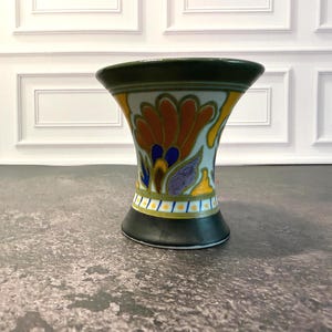 Vintage Gouda Ceramic Trumpet Vase — Matte Metz Pattern #2841, 4" Tall