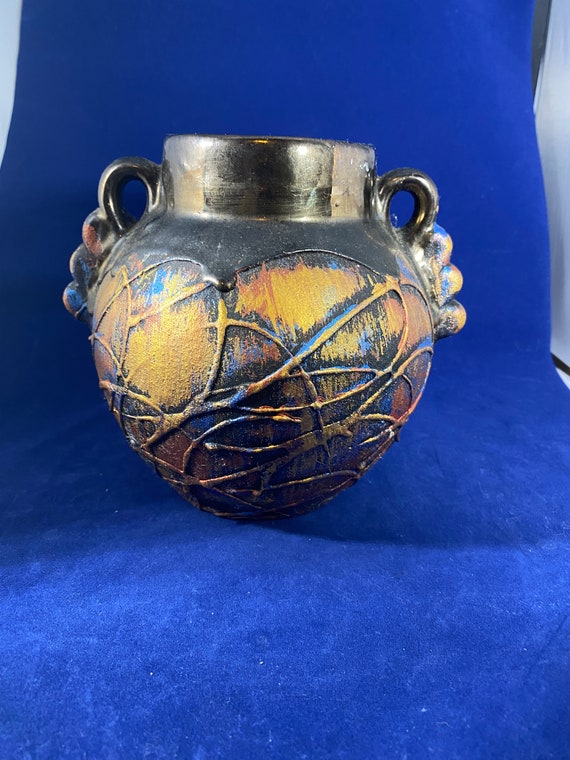 Ornate Handle Pottery Vase Hand Painted Etsy