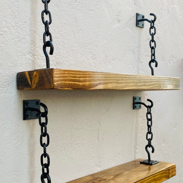 Rustic bespoke Industrial Handmade Floating Shelves chain brackets