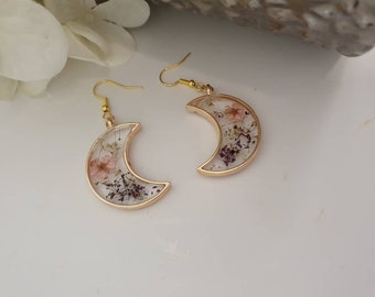 Beautiful Crescent Moon Charm with lilac Petal Earrings