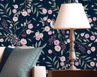 Navy wallpaper with pink and beige floral pattern and birds | Peel & Stick | Self adhesive | Repositionable, Removable wallpaper