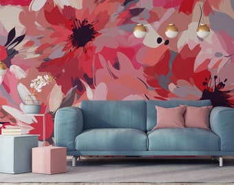 Colorful pink and red flowers wallpaper, modern floral blossom wall mural [Peel and Stick (self adhesive) or Traditional Vinyl Papers]