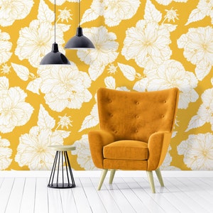 Yellow floral wallpaper, blossom wall mural [Peel and Stick (self adhesive) or Traditional Vinyl Papers]