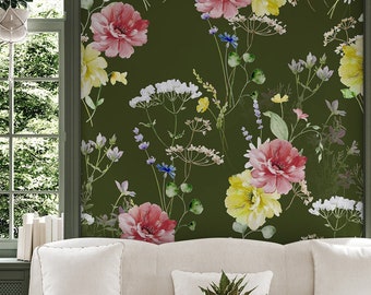 Green wallpaper with colorful floral pattern, wall mural | Peel & Stick | Self adhesive | Repositionable, Removable wallpaper