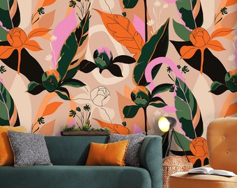 Abstract wallpaper with flowers and leaf [Peel and Stick (self adhesive) or Traditional Vinyl Papers]