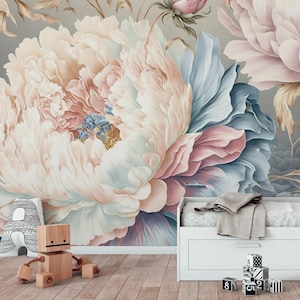 Carta da parati pastello con grandi peonie, murale floreale vintage, arredamento vintage per la casa [Peel and Stick (autoadesivo) o carta vinilica tradizionale]