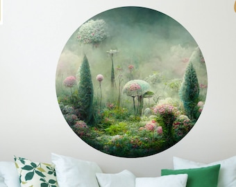 Fantasy landscape wall sticker, floral sticker | Peel and Stick | Self adhesive | Circle Wall Decal | Wall Decor