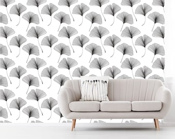 Black and white wallpaper with leaves | Peel & Stick | Self adhesive | Repositionable, Removable wallpaper