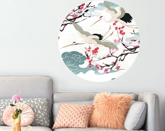 Japanese style wall sticker, crane birds wall decal | Peel and Stick | Self adhesive | Circle Wall Decal | Wall Decor