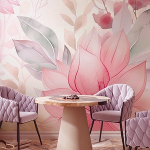 Pink rose floral watercolor wallpaper [Peel and Stick (self adhesive) or Traditional Vinyl Papers]