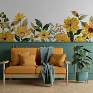 Carta da parati ad acquerello per giardino di fiori gialli, murale con fiori, [Stacca e incolla (autoadesivo) o carta vinilica tradizionale]