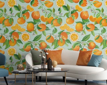 Mandarin floral wallpaper, fruit pattern, flowers and leaves, orange | Peel and Stick | Self adhesive | Repositionable, Removable wallpaper