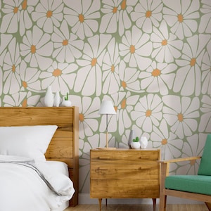 Retro floral wallpaper with groovy daisy flower [Peel and Stick (self adhesive) or Traditional Vinyl Papers]