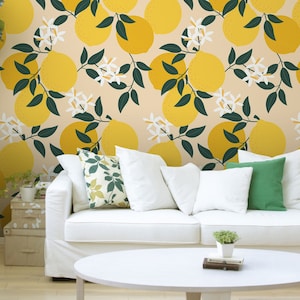 Lemon wallpaper, fruit pattern | Peel and Stick | Self adhesive | Repositionable, Removable wallpaper